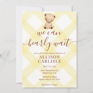 015 Lemon Yellow Teddy Bear Gingham Baby Shower Invitation