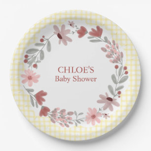 015 Lemon Yellow Wildflower Bow Frame Gingham Paper Plate