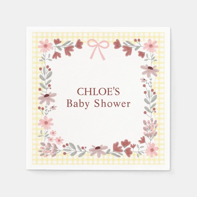 015 Lemon Yellow Wildflower Bow Gingham Shower Napkin (Front)