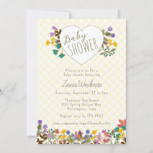 015 Yellow Gingham Garden Heart Floral Baby Shower Invitation