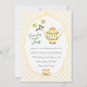 016 Marigold Cute Gingham Tea Party Baby Shower Invitation