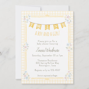 016 Marigold Gingham Floral Twins Baby Shower Invitation