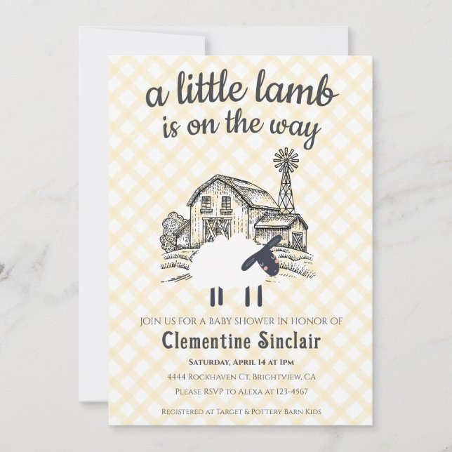 016 Marigold Little Lamb Farm Plaid Baby Shower Invitation (Front)