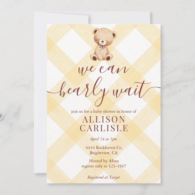 016 Marigold Teddy Bear Gingham Baby Shower Invitation (Front)