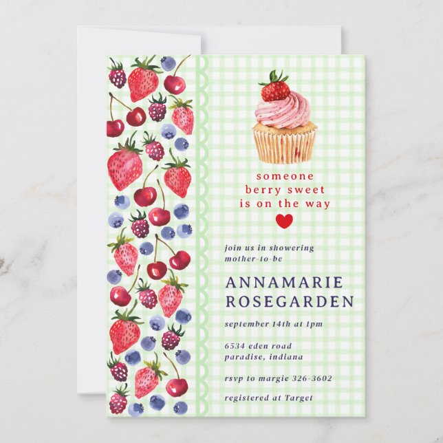 017 Moss Green Berry Patch Cupcake Baby Shower Invitation (Front)