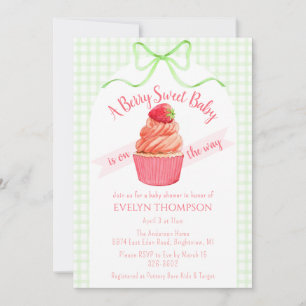 017 Moss Green Berry Sweet Strawberry Baby Shower Invitation