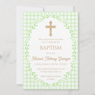 017 Moss Green Botanical Vine Ornate Cross Baptism Invitation