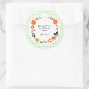 017 Moss Green Floral Gingham Baby Shower Classic Round Sticker