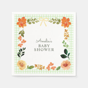 017 Moss Green Floral Gingham Baby Shower Napkin