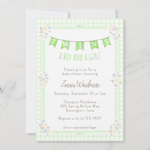 017 Moss Green Gingham Floral Twins Baby Shower Invitation
