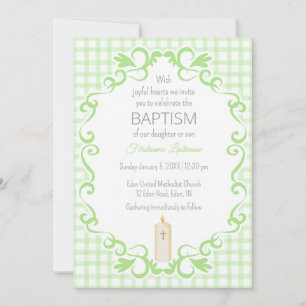 017 Moss Green Scroll Gingham Cross Candle Baptism Invitation