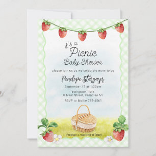 017 Moss Green Strawberry Picnic Baby Shower Invitation