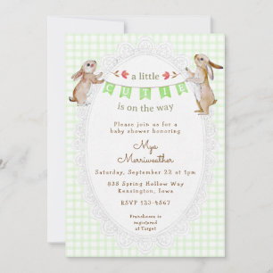 017 Moss Green Sweet Bunny Gingham Baby Shower Invitation