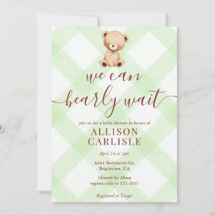 017 Moss Green Teddy Bear Gingham Baby Shower Invitation