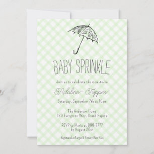 017 Moss Green Umbrella Gingham Baby Sprinkle Invitation
