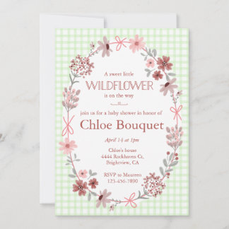 017 Moss Green Wildflower Bow Gingham Baby Shower Invitation