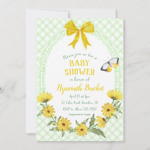 017 Moss Yellow Daisy Bow Gingham Baby Shower Invitation