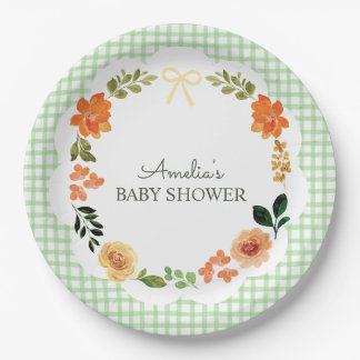 018 Grass Green Floral Gingham Baby Shower Paper Plate