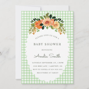 018 Grass Green Gingham Baby Shower Invitations