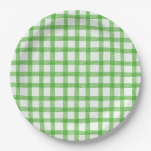 018 Grass Green Watercolor Gingham L Paper Plates