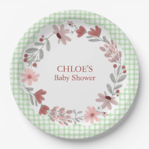 018 Grass Green Wildflower Bow Frame Gingham Paper Plate