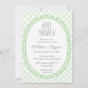 018 Grass Vintage Lace Frame Gingham Baby Shower Invitation