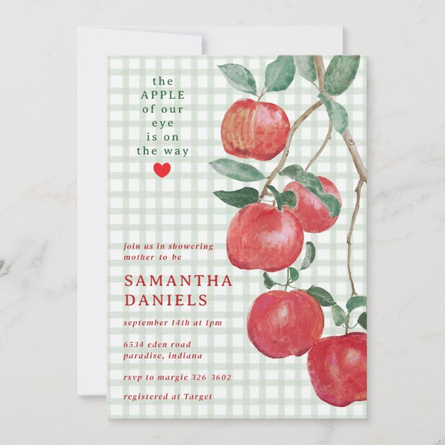 019 Forest Apple of Our Eye Gingham Baby Shower Invitation (Front)