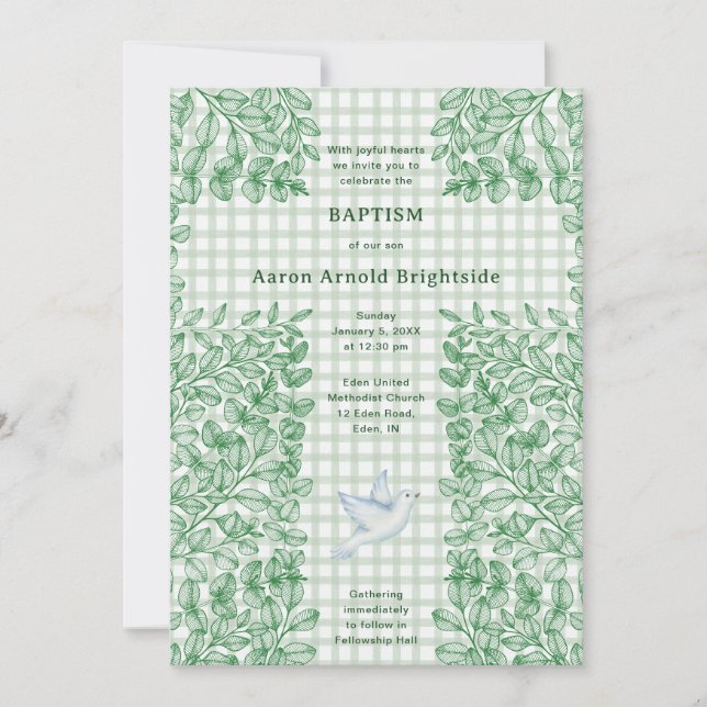 019 Forest Dove Botanical Cross Gingham Baptism Invitation (Front)