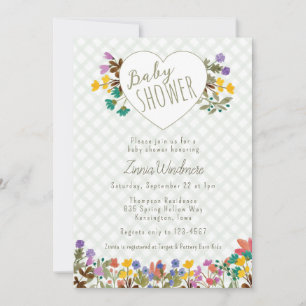 019 Forest Gingham Garden Heart Floral Baby Shower Invitation