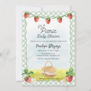 019 Forest Green Strawberry Picnic Baby Shower Invitation