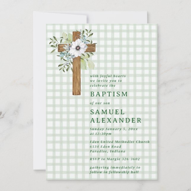 019 Forest Rustic Greenery Wooden Cross Baptism Invitation (Front)