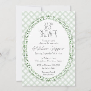 019 Forest Vintage Lace Frame Gingham Baby Shower Invitation