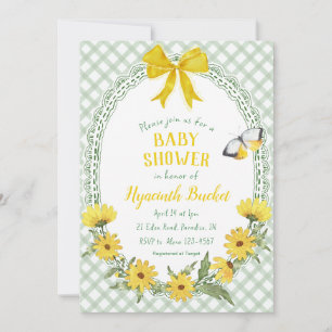 019 Forest Yellow Daisy Bow Gingham Baby Shower Invitation