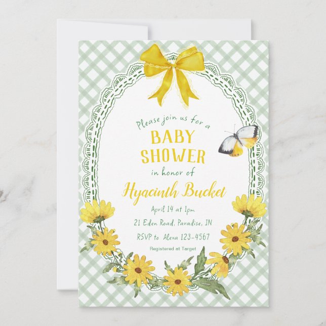 019 Forest Yellow Daisy Bow Gingham Baby Shower Invitation (Front)