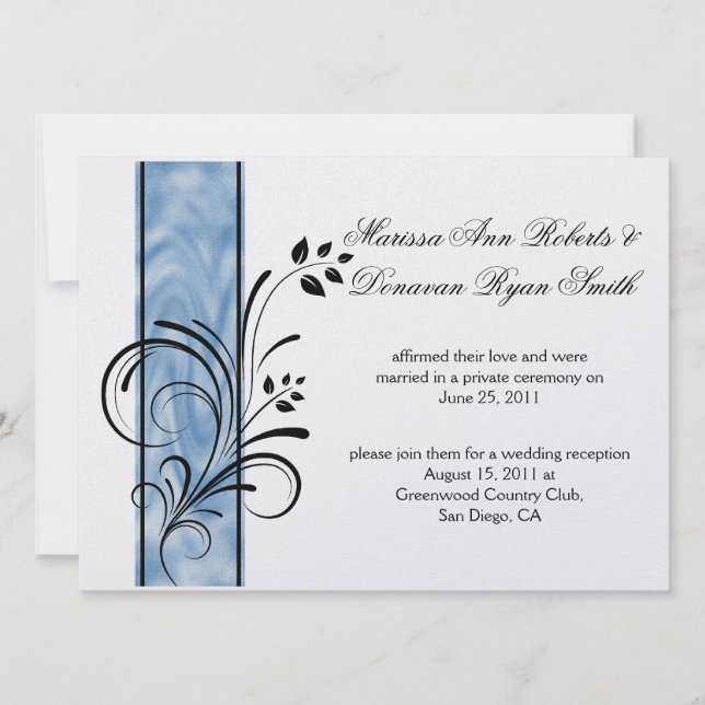 01 Black Floral Swirls Blue Stripe Post Wedding Invitation (Front)