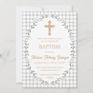 020 Fog Grey Botanical Vine Ornate Cross Baptism Invitation