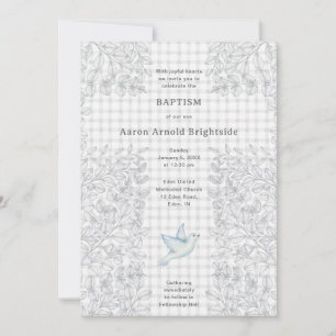 020 Fog Grey Dove Botanical Cross Gingham Baptism Invitation
