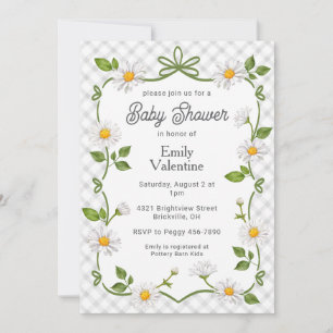 020 Fog Grey Floral Daisy Plaid Baby Shower Invitation