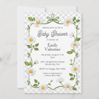 020 Fog Grey Floral Daisy Plaid Baby Shower Invitation