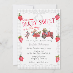 020 Fog Grey Gingham Berry Sweet Farm Baby Shower Invitation