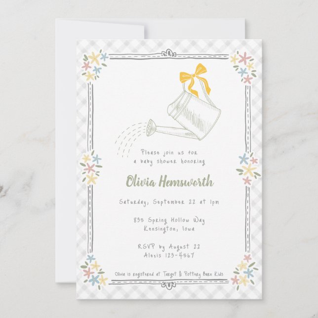 020 Fog Grey Gingham Watering Can Baby Shower Invitation (Front)