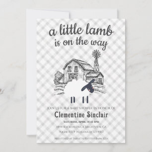 020 Fog Grey Little Lamb Farm Plaid Baby Shower Invitation