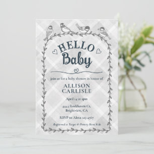 020 Fog Grey Watercolor Gingham Birds Baby Shower Invitation