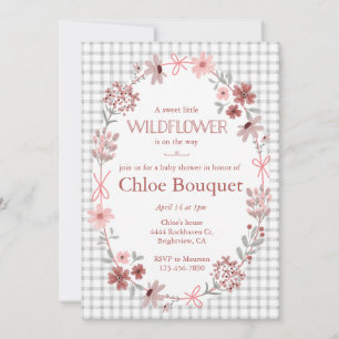 020 Fog Grey Wildflower Bow Gingham Baby Shower Invitation