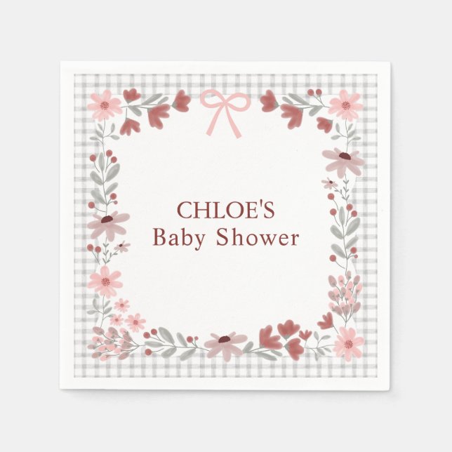 020 Fog Grey Wildflower Bow Gingham Shower Napkin (Front)