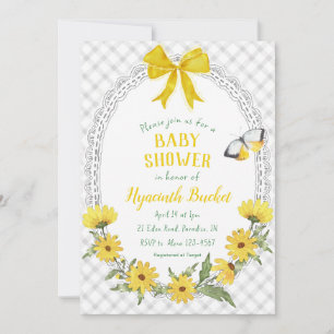020 Fog Grey Yellow Daisy Bow Gingham Baby Shower Invitation
