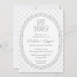 020 Fog Vintage Lace Frame Gingham Baby Shower Invitation