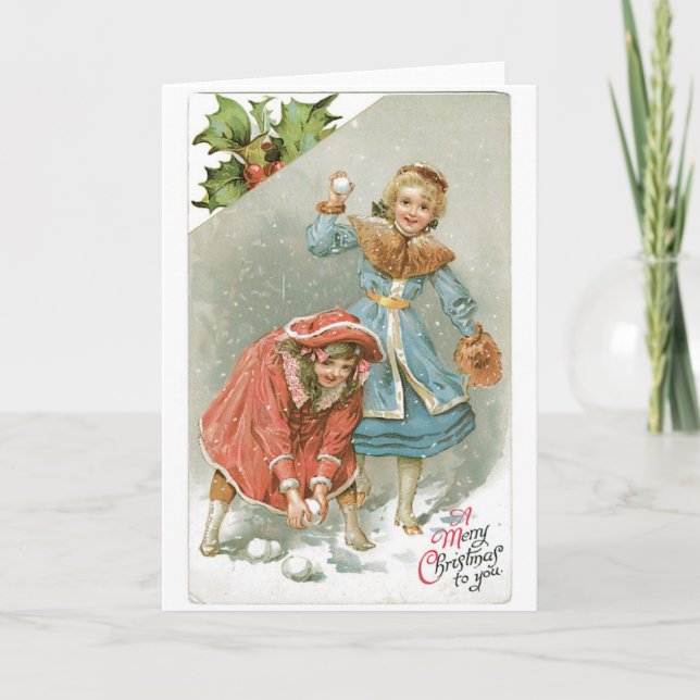 025 Vintage Christmas Card Blonde Girls Snowballs (Front)