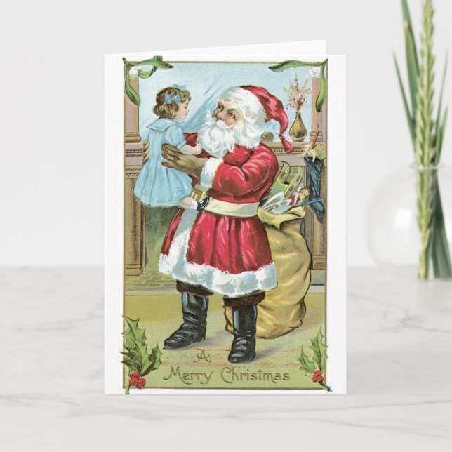045 Vintage Christmas Card Santa Claus Little Girl (Front)