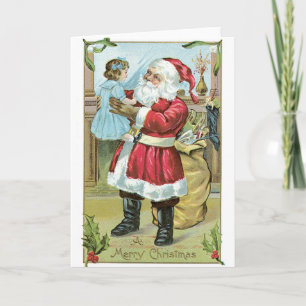 045 Vintage Christmas Card Santa Claus Little Girl